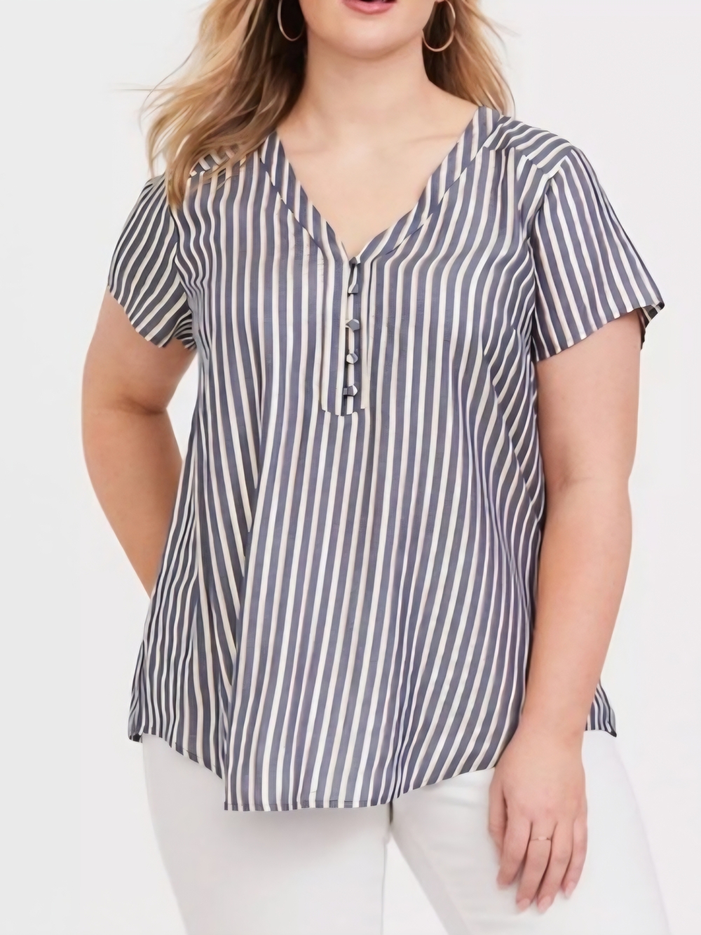 torrid Navy and White Vertical Stripe V-Neck Blouse
